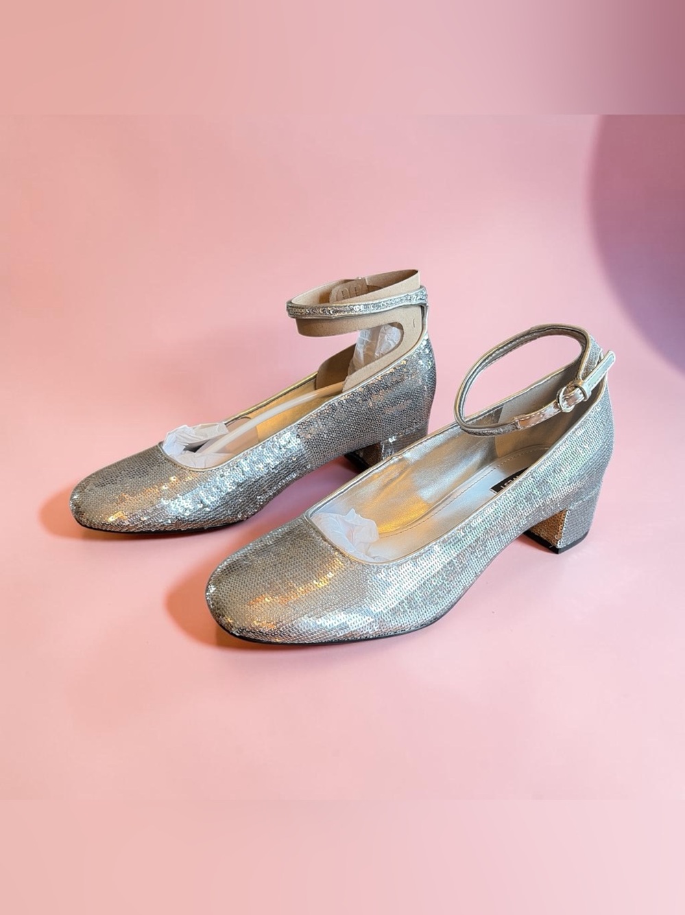 Nine West Silver Sequin Ankle-Strap Block Heels. Women’s Size 9.5